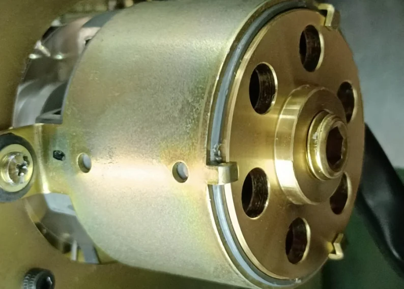 Brass replica rear cover installed on a DENON DR-370 reel motor